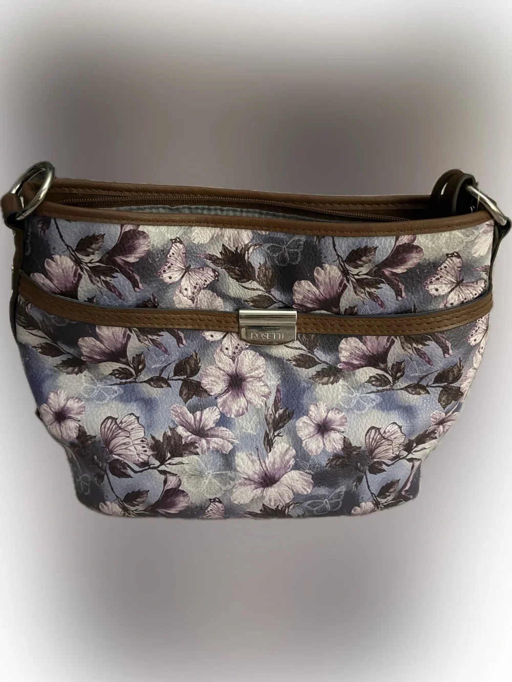Rosetti Floral Butterfly Shoulder Bag in Lavender and Brown Trim - Picture 1 of 5